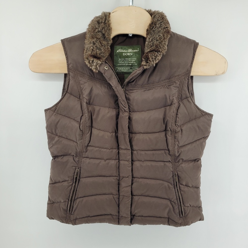 Eddie Bauer Womens Goose Down Puffer Vest Large Brown Faux Fur Trim Collar